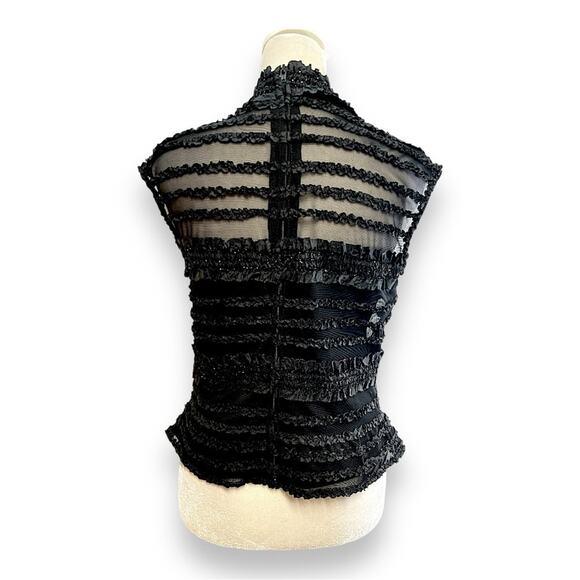TADASHI Neiman Marcus Sheer Black Mini Ruffle Black Sparkle Cap Sleeve Top 8 - Picture 5 of 16